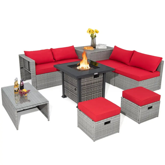 9 Pieces Outdoor Patio Furniture Set with 32-Inch Propane Fire Pit Table-Red - Red - Outdoor Sectionals