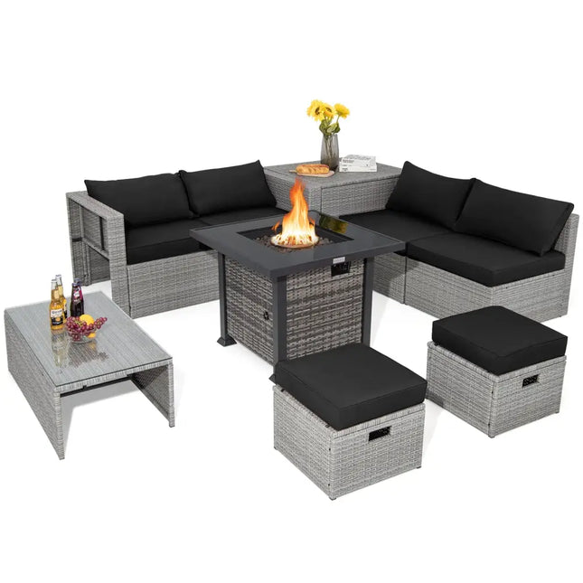 9 Pieces Outdoor Patio Furniture Set with 32-Inch Propane Fire Pit Table-Black - Black - Outdoor Sectionals