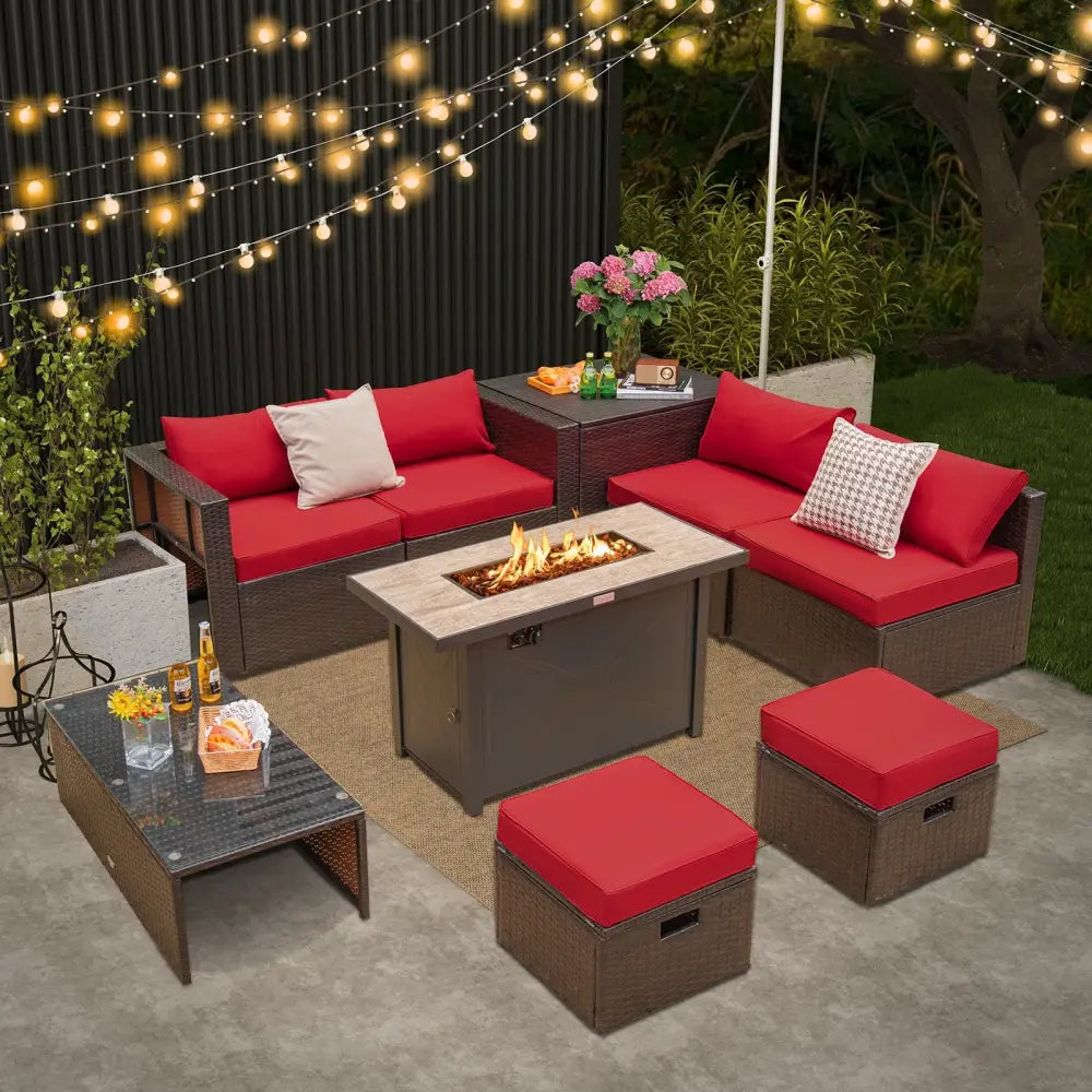 9 Pieces Outdoor Patio Furniture Set with 42 Inch Propane Fire Pit Table-Red - Red - Outdoor Sectionals