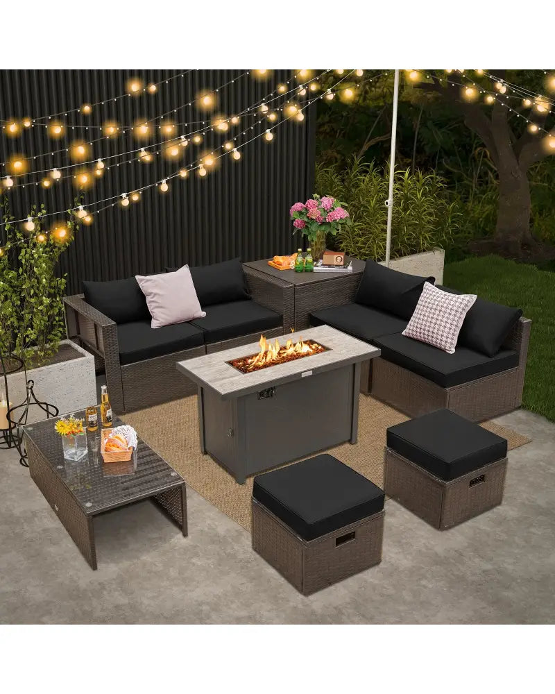 9 Pieces Outdoor Patio Furniture Set with 42 Inch Propane Fire Pit Table-Black - Black - Outdoor Sectionals