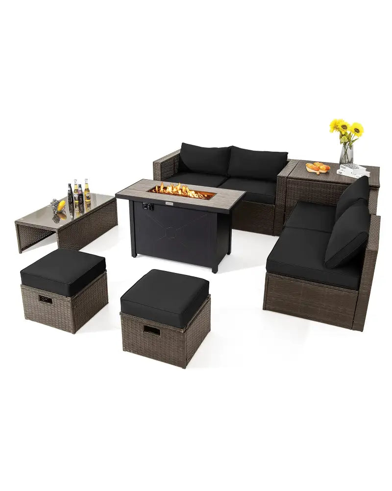 9 Pieces Outdoor Patio Furniture Set with 42 Inch Propane Fire Pit Table-Black - Black - Outdoor Sectionals