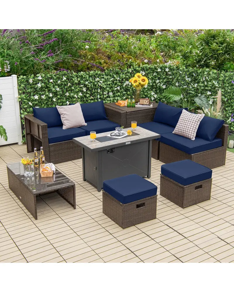 9 Pieces Outdoor Patio Furniture Set with 42 Inch Propane Fire Pit Table-Navy - Navy - Outdoor Sectionals