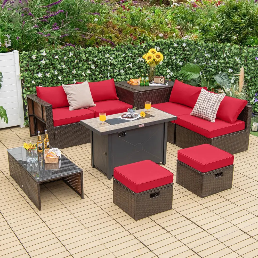 9 Pieces Outdoor Patio Furniture Set with 42 Inch Propane Fire Pit Table-Red - Red - Outdoor Sectionals