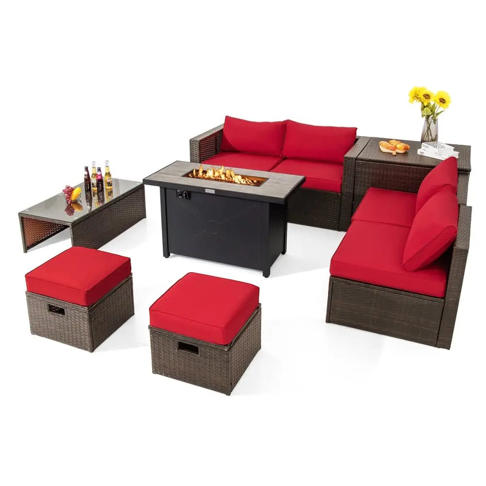 9 Pieces Outdoor Patio Furniture Set with 42 Inch Propane Fire Pit Table-Red - Red - Outdoor Sectionals