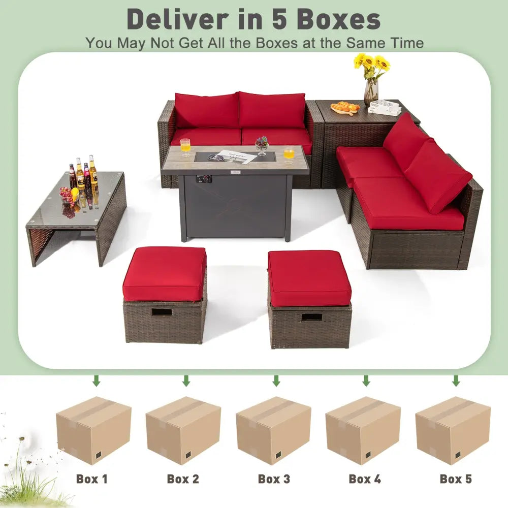 9 Pieces Outdoor Patio Furniture Set with 42 Inch Propane Fire Pit Table-Red - Red - Outdoor Sectionals
