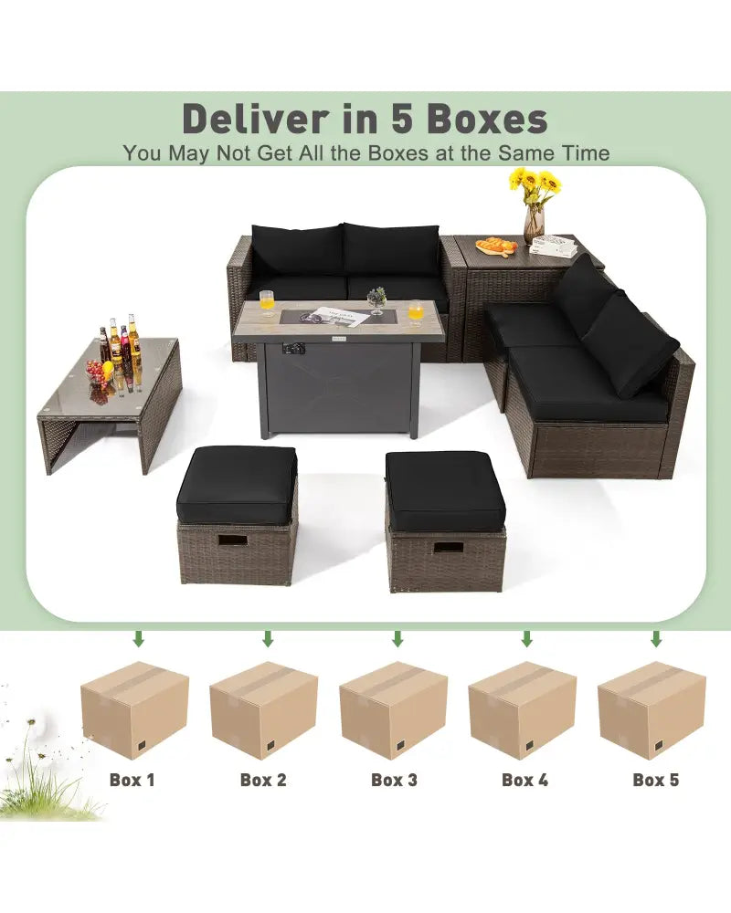 9 Pieces Outdoor Patio Furniture Set with 42 Inch Propane Fire Pit Table-Black - Black - Outdoor Sectionals