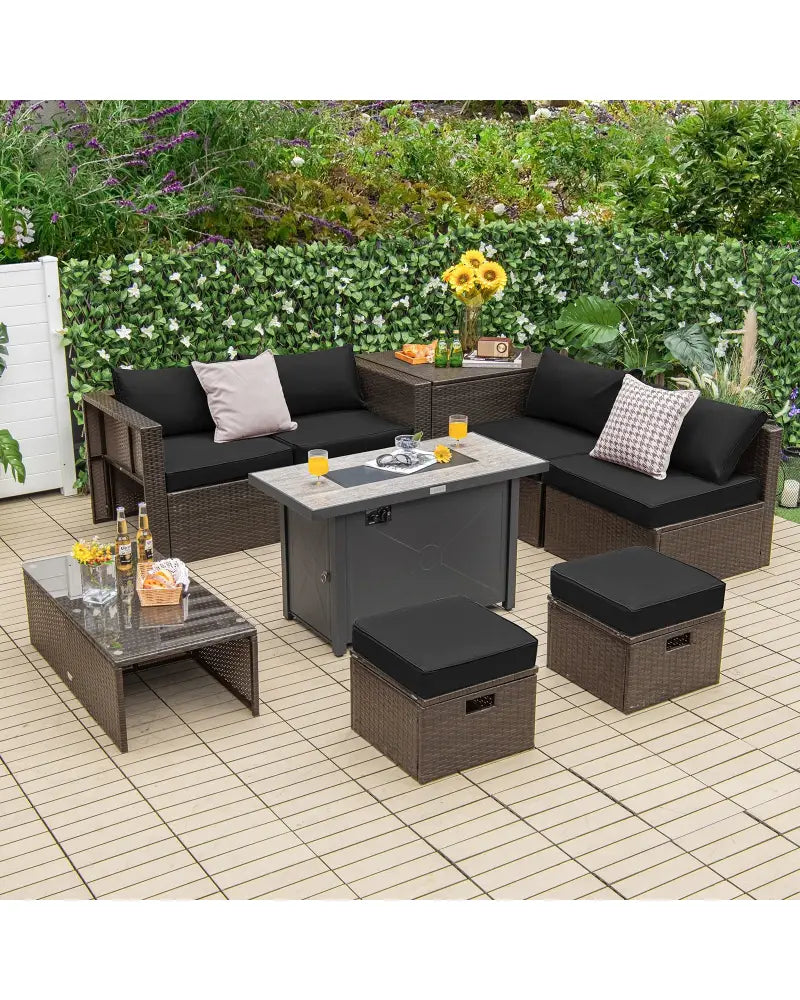 9 Pieces Outdoor Patio Furniture Set with 42 Inch Propane Fire Pit Table-Black - Black - Outdoor Sectionals