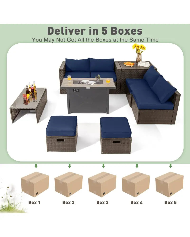 9 Pieces Outdoor Patio Furniture Set with 42 Inch Propane Fire Pit Table-Navy - Navy - Outdoor Sectionals