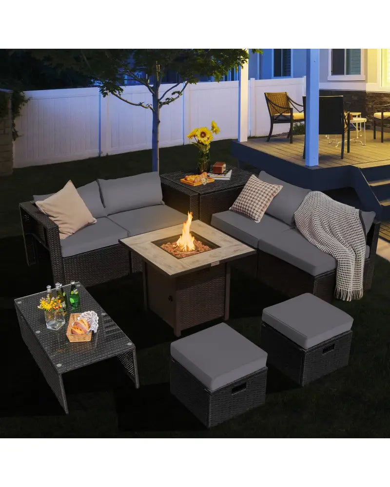 9 Pieces Outdoor PE Rattan Wicker Sectional Sofa with 42 Inch Gas Fire Pit Table-Gray - Gray - Outdoor Sectionals