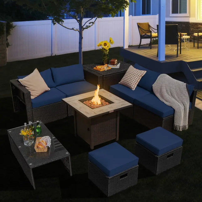 9 Pieces Outdoor PE Rattan Wicker Sectional Sofa with 42 Inch Gas Fire Pit Table-Navy - Navy - Outdoor Sectionals