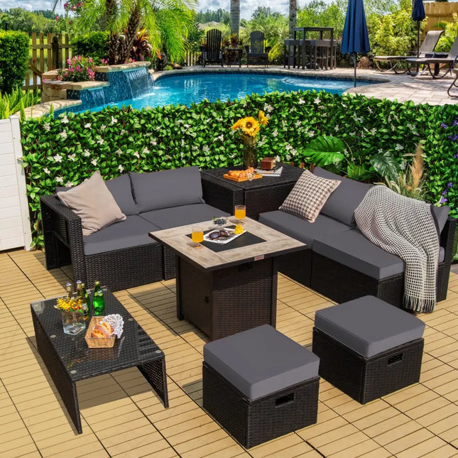 9 Pieces Outdoor PE Rattan Wicker Sectional Sofa with 42 Inch Gas Fire Pit Table-Gray - Gray - Outdoor Sectionals