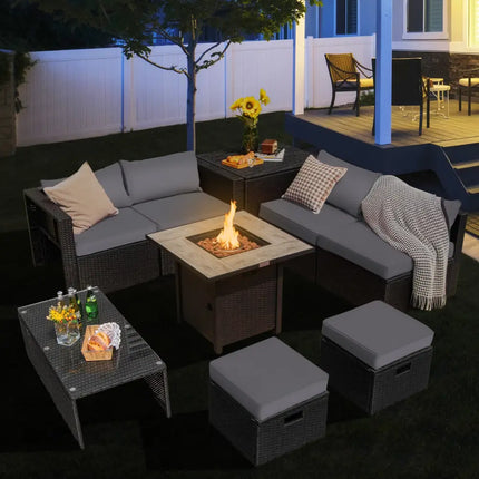 9 Pieces Outdoor PE Rattan Wicker Sectional Sofa with 42 Inch Gas Fire Pit Table-Gray - Gray - Outdoor Sectionals