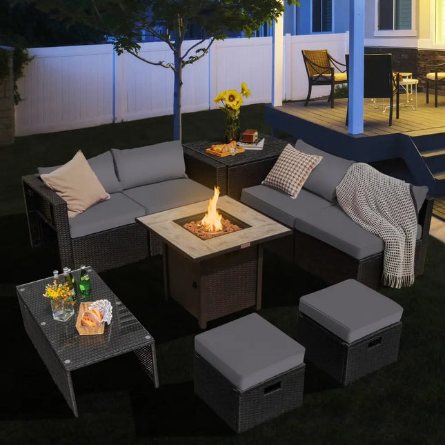 9 Pieces Outdoor PE Rattan Wicker Sectional Sofa with 42 Inch Gas Fire Pit Table-Gray - Gray - Outdoor Sectionals