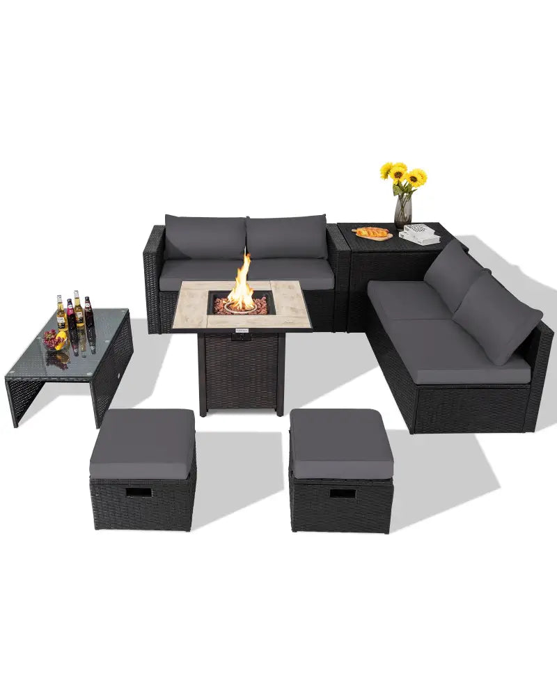 9 Pieces Outdoor PE Rattan Wicker Sectional Sofa with 42 Inch Gas Fire Pit Table-Gray - Gray - Outdoor Sectionals