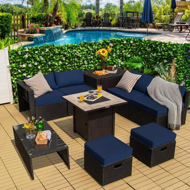 9 Pieces Outdoor PE Rattan Wicker Sectional Sofa with 42 Inch Gas Fire Pit Table-Navy - Navy - Outdoor Sectionals
