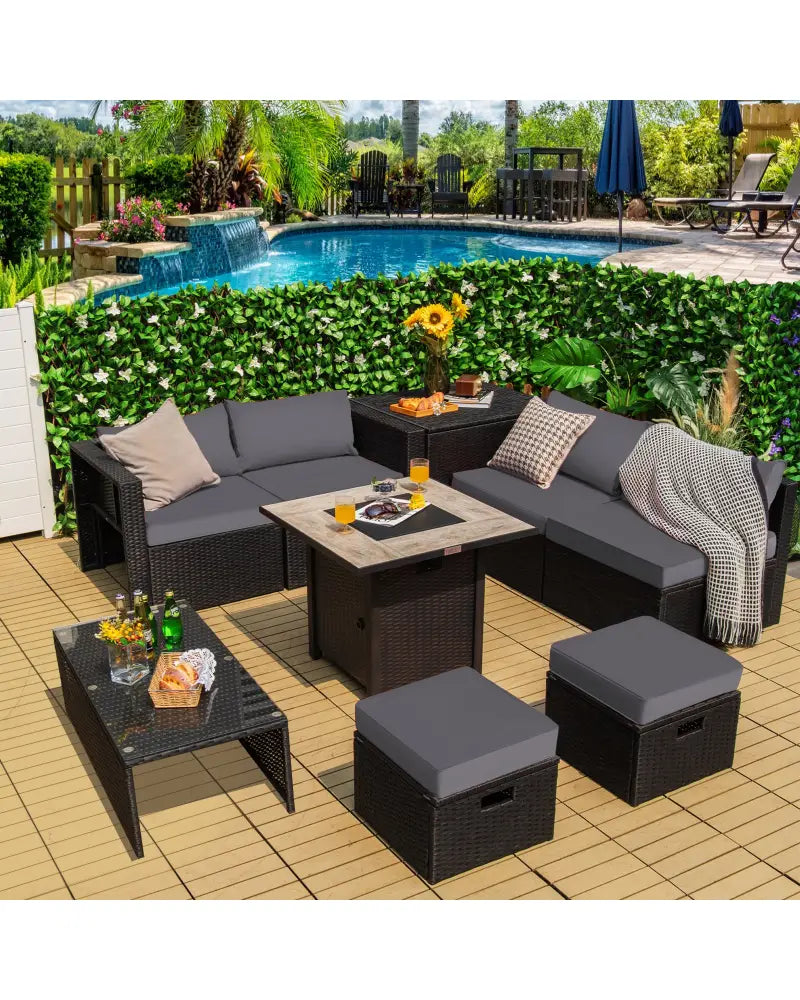 9 Pieces Outdoor PE Rattan Wicker Sectional Sofa with 42 Inch Gas Fire Pit Table-Gray - Gray - Outdoor Sectionals