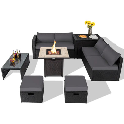 9 Pieces Outdoor PE Rattan Wicker Sectional Sofa with 42 Inch Gas Fire Pit Table-Gray - Gray - Outdoor Sectionals
