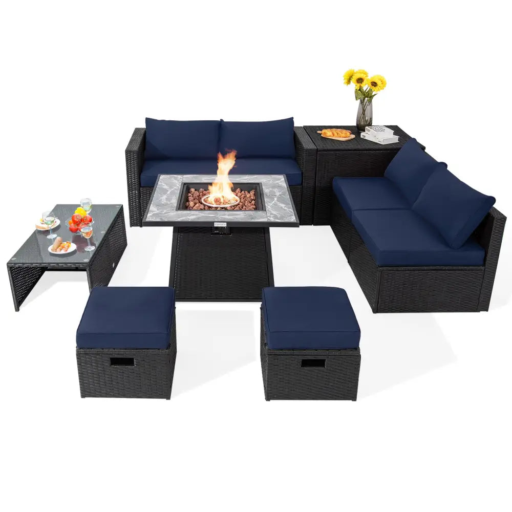 9 Pieces Outdoor Wicker Sectional with 35 Inch Gas Fire Pit Table-Navy - Navy - Outdoor Sectionals