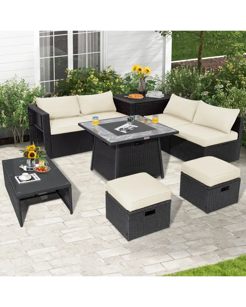 9 Pieces Outdoor Wicker Sectional with 35 Inch Gas Fire Pit Table-Off White - Off White - Outdoor Sectionals