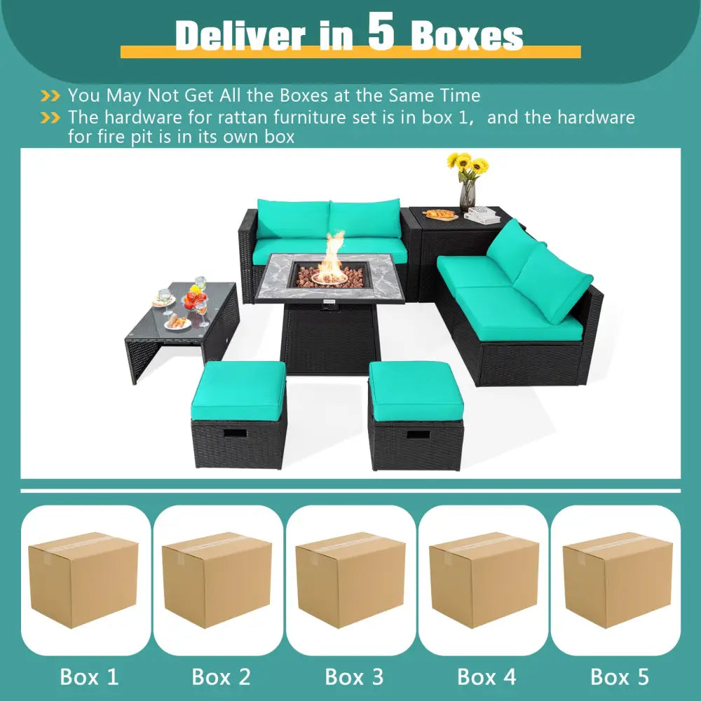 9 Pieces Outdoor Wicker Sectional with 35 Inch Gas Fire Pit Table-Turquoise - Turquoise - Outdoor Sectionals