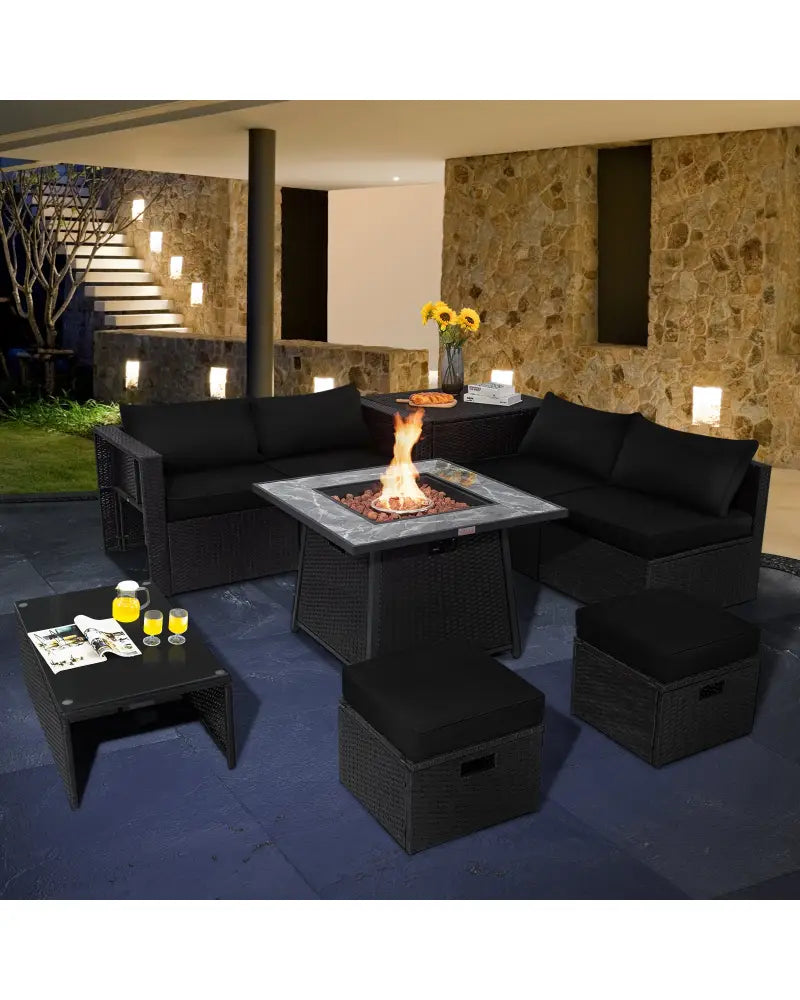 9 Pieces Outdoor Wicker Sectional with 35 Inch Gas Fire Pit Table-Black - Black - Outdoor Sectionals