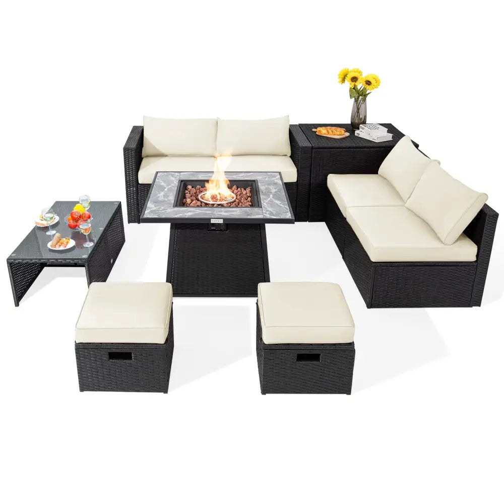 9 Pieces Outdoor Wicker Sectional with 35 Inch Gas Fire Pit Table-Off White - Off White - Outdoor Sectionals