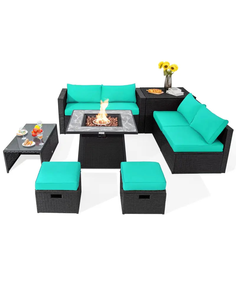 9 Pieces Outdoor Wicker Sectional with 35 Inch Gas Fire Pit Table-Turquoise - Turquoise - Outdoor Sectionals