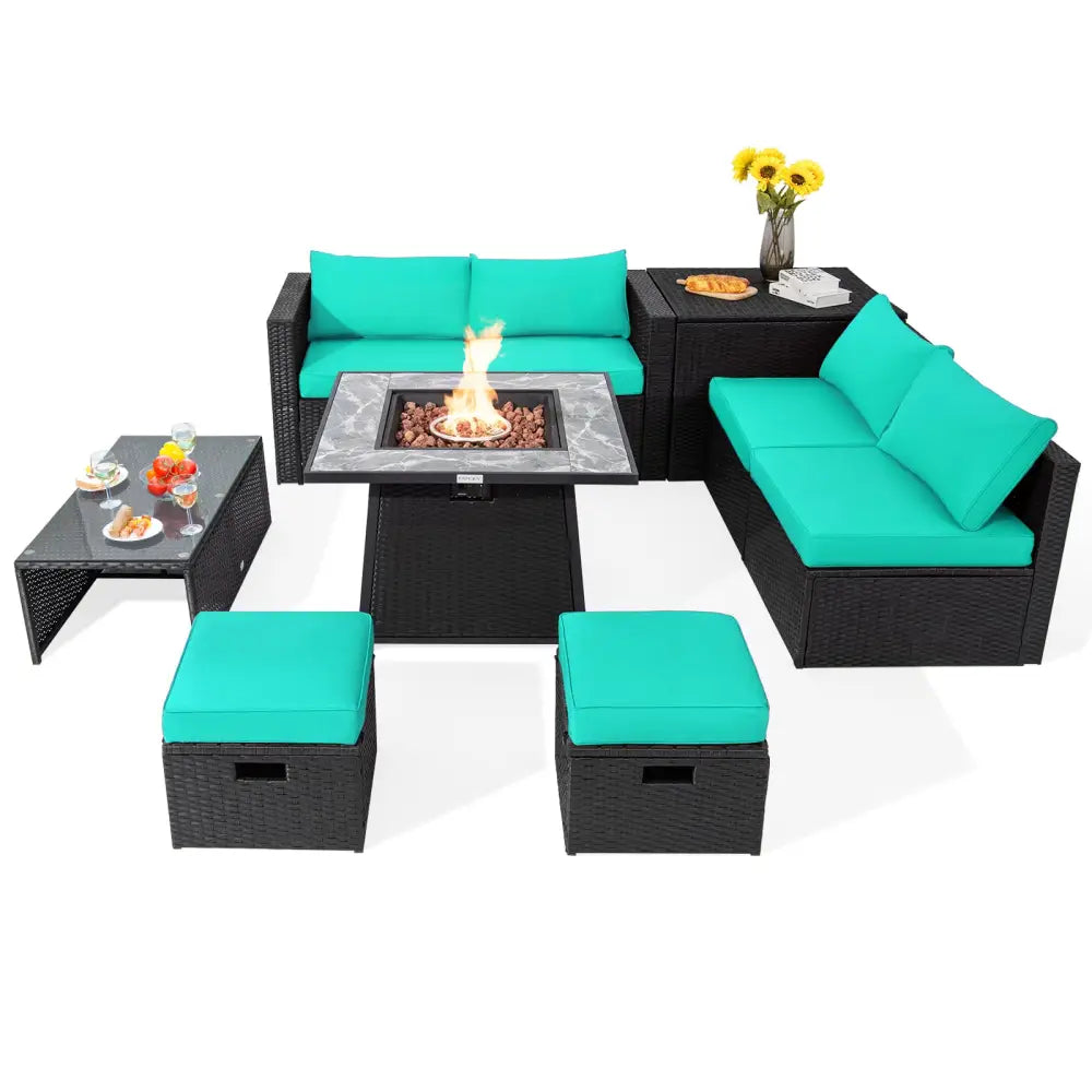 9 Pieces Outdoor Wicker Sectional with 35 Inch Gas Fire Pit Table-Turquoise - Turquoise - Outdoor Sectionals