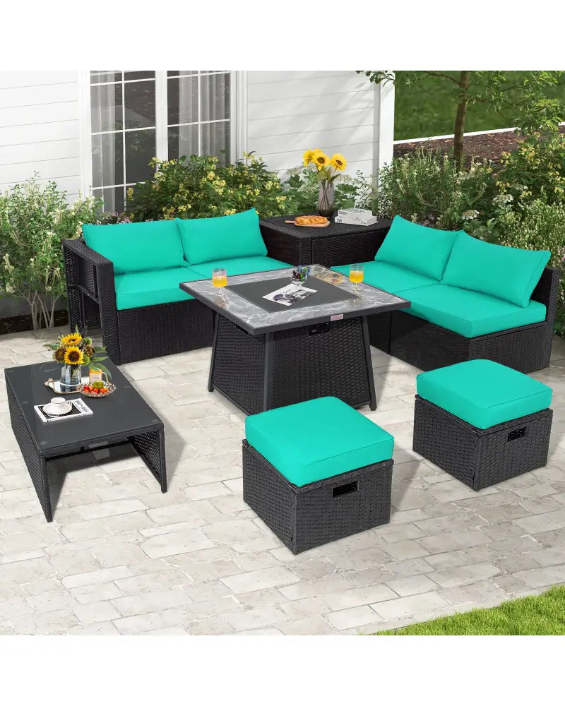 9 Pieces Outdoor Wicker Sectional with 35 Inch Gas Fire Pit Table-Turquoise - Turquoise - Outdoor Sectionals