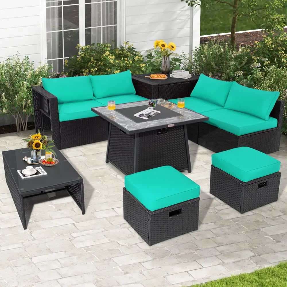 9 Pieces Outdoor Wicker Sectional with 35 Inch Gas Fire Pit Table-Turquoise - Turquoise - Outdoor Sectionals