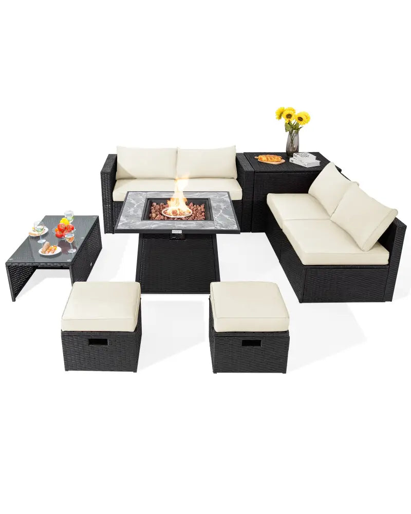 9 Pieces Outdoor Wicker Sectional with 35 Inch Gas Fire Pit Table-Off White - Off White - Outdoor Sectionals