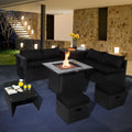 9 Pieces Outdoor Wicker Sectional with 35 Inch Gas Fire Pit Table-Black - Black - Outdoor Sectionals