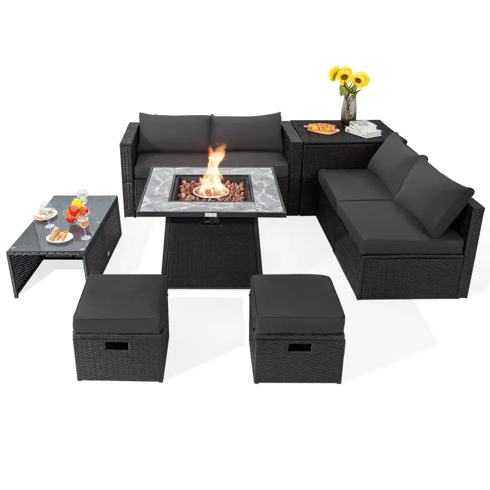 9 Pieces Outdoor Wicker Sectional with 35 Inch Gas Fire Pit Table-Gray - Gray - Outdoor Sectionals