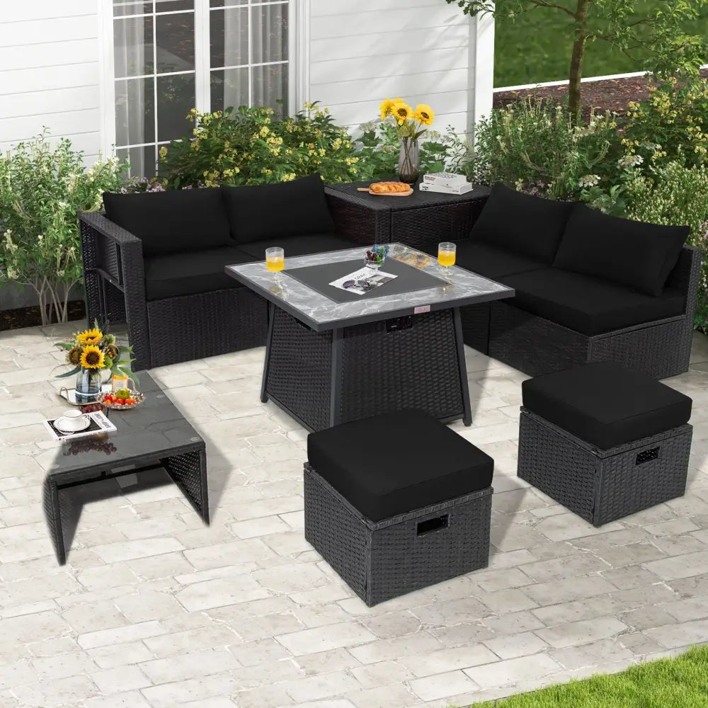 9 Pieces Outdoor Wicker Sectional with 35 Inch Gas Fire Pit Table-Black - Black - Outdoor Sectionals