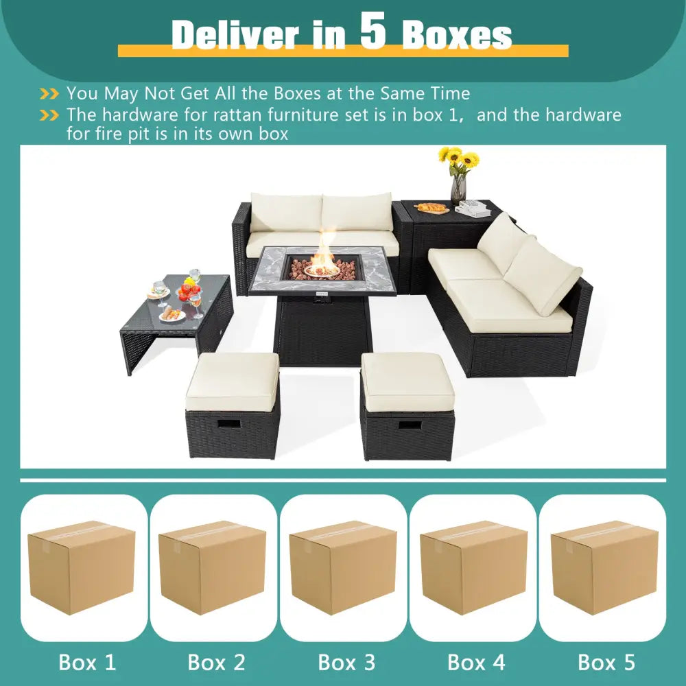 9 Pieces Outdoor Wicker Sectional with 35 Inch Gas Fire Pit Table-Off White - Off White - Outdoor Sectionals