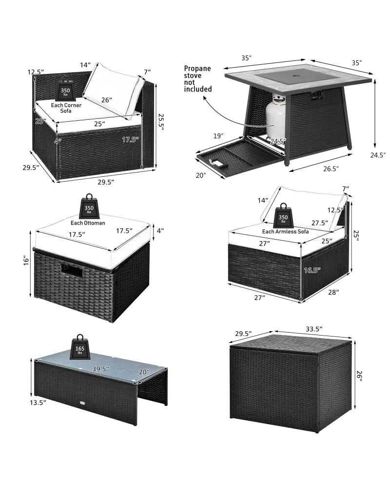 9 Pieces Outdoor Wicker Sectional with 35 Inch Gas Fire Pit Table-Turquoise - Turquoise - Outdoor Sectionals