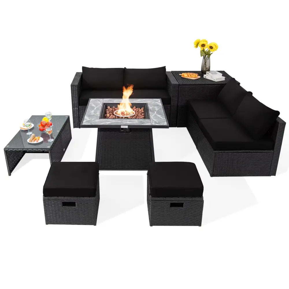 9 Pieces Outdoor Wicker Sectional with 35 Inch Gas Fire Pit Table-Black - Black - Outdoor Sectionals