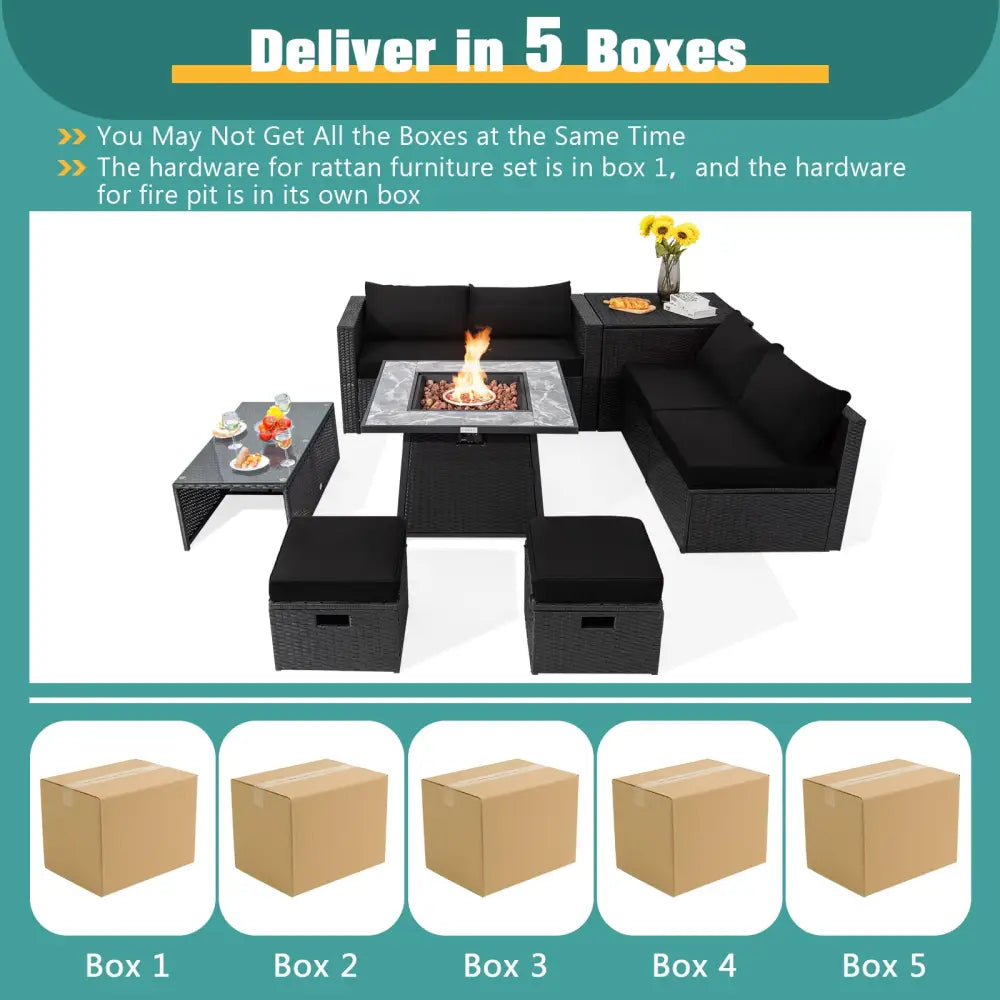 9 Pieces Outdoor Wicker Sectional with 35 Inch Gas Fire Pit Table-Black - Black - Outdoor Sectionals
