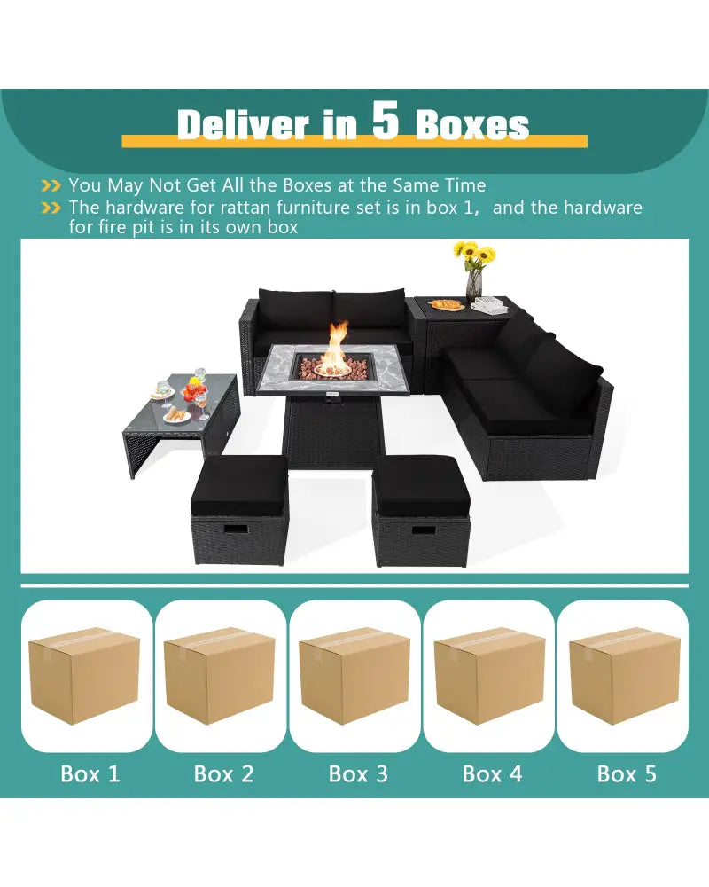 9 Pieces Outdoor Wicker Sectional with 35 Inch Gas Fire Pit Table-Black - Black - Outdoor Sectionals