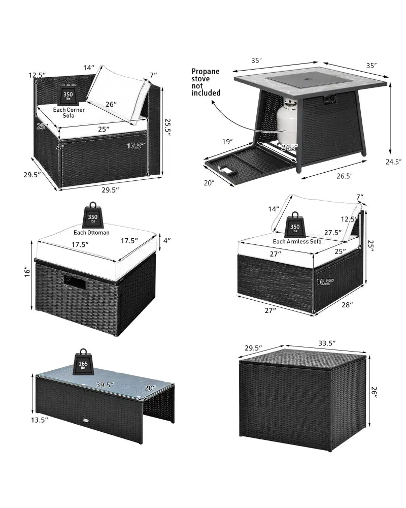 9 Pieces Outdoor Wicker Sectional with 35 Inch Gas Fire Pit Table-Off White - Off White - Outdoor Sectionals