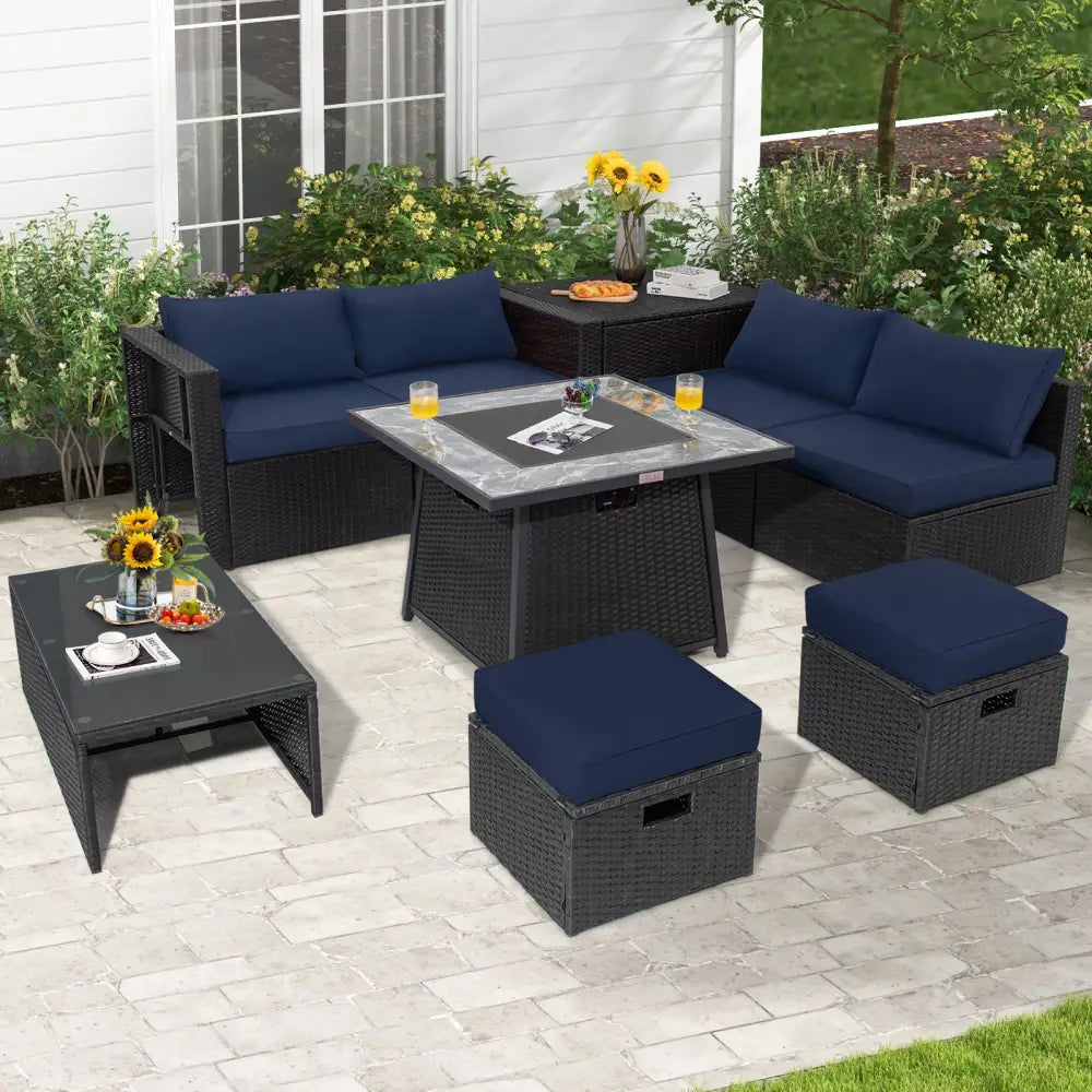 9 Pieces Outdoor Wicker Sectional with 35 Inch Gas Fire Pit Table-Navy - Navy - Outdoor Sectionals