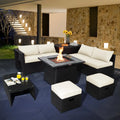 9 Pieces Outdoor Wicker Sectional with 35 Inch Gas Fire Pit Table-Off White - Off White - Outdoor Sectionals