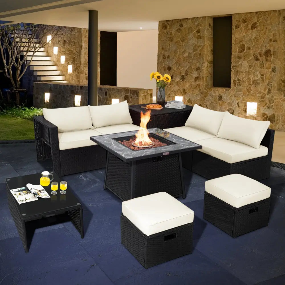 9 Pieces Outdoor Wicker Sectional with 35 Inch Gas Fire Pit Table-Off White - Off White - Outdoor Sectionals