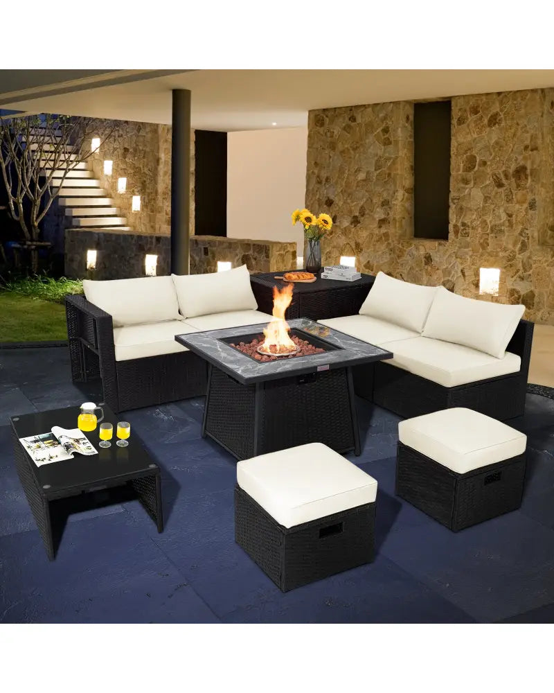 9 Pieces Outdoor Wicker Sectional with 35 Inch Gas Fire Pit Table-Off White - Off White - Outdoor Sectionals