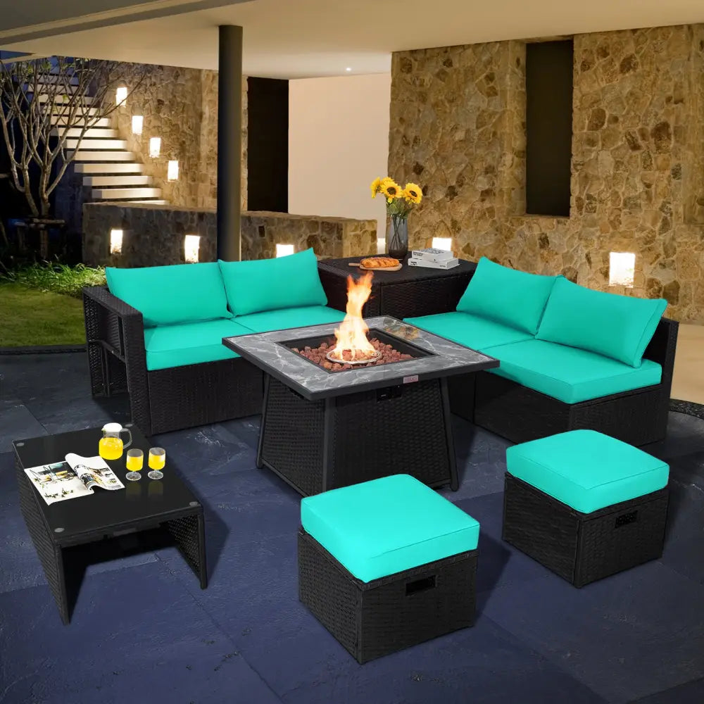 9 Pieces Outdoor Wicker Sectional with 35 Inch Gas Fire Pit Table-Turquoise - Turquoise - Outdoor Sectionals