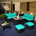 9 Pieces Outdoor Wicker Sectional with 35 Inch Gas Fire Pit Table-Turquoise - Turquoise - Outdoor Sectionals