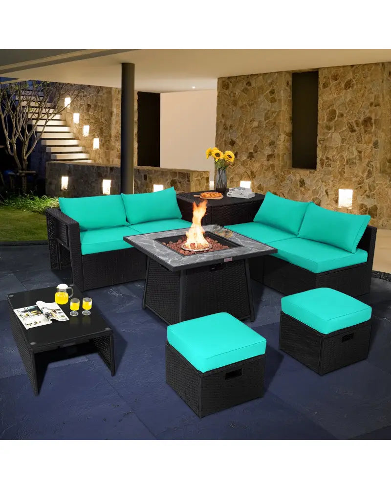 9 Pieces Outdoor Wicker Sectional with 35 Inch Gas Fire Pit Table-Turquoise - Turquoise - Outdoor Sectionals