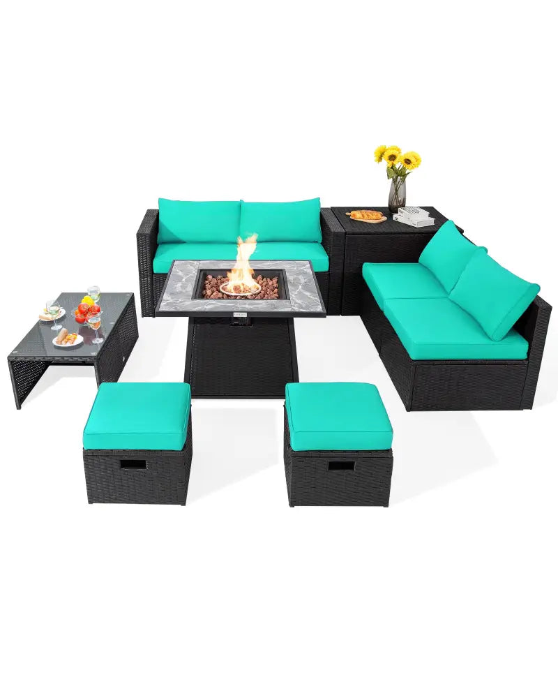 9 Pieces Outdoor Wicker Sectional with 35 Inch Gas Fire Pit Table-Turquoise - Turquoise - Outdoor Sectionals