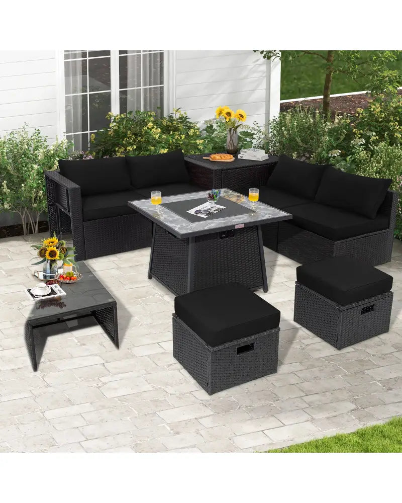 9 Pieces Outdoor Wicker Sectional with 35 Inch Gas Fire Pit Table-Black - Black - Outdoor Sectionals