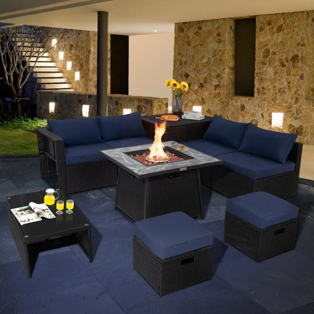 9 Pieces Outdoor Wicker Sectional with 35 Inch Gas Fire Pit Table-Navy - Navy - Outdoor Sectionals